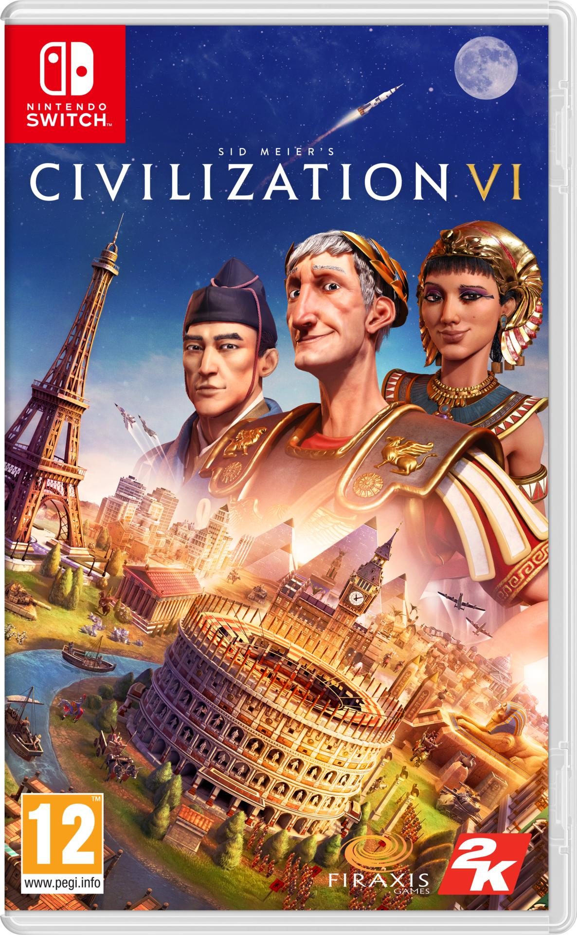 Sid Meier's Civilization VI Nintendo Switch játékdoboz, szereplőkkel és egy várossal.