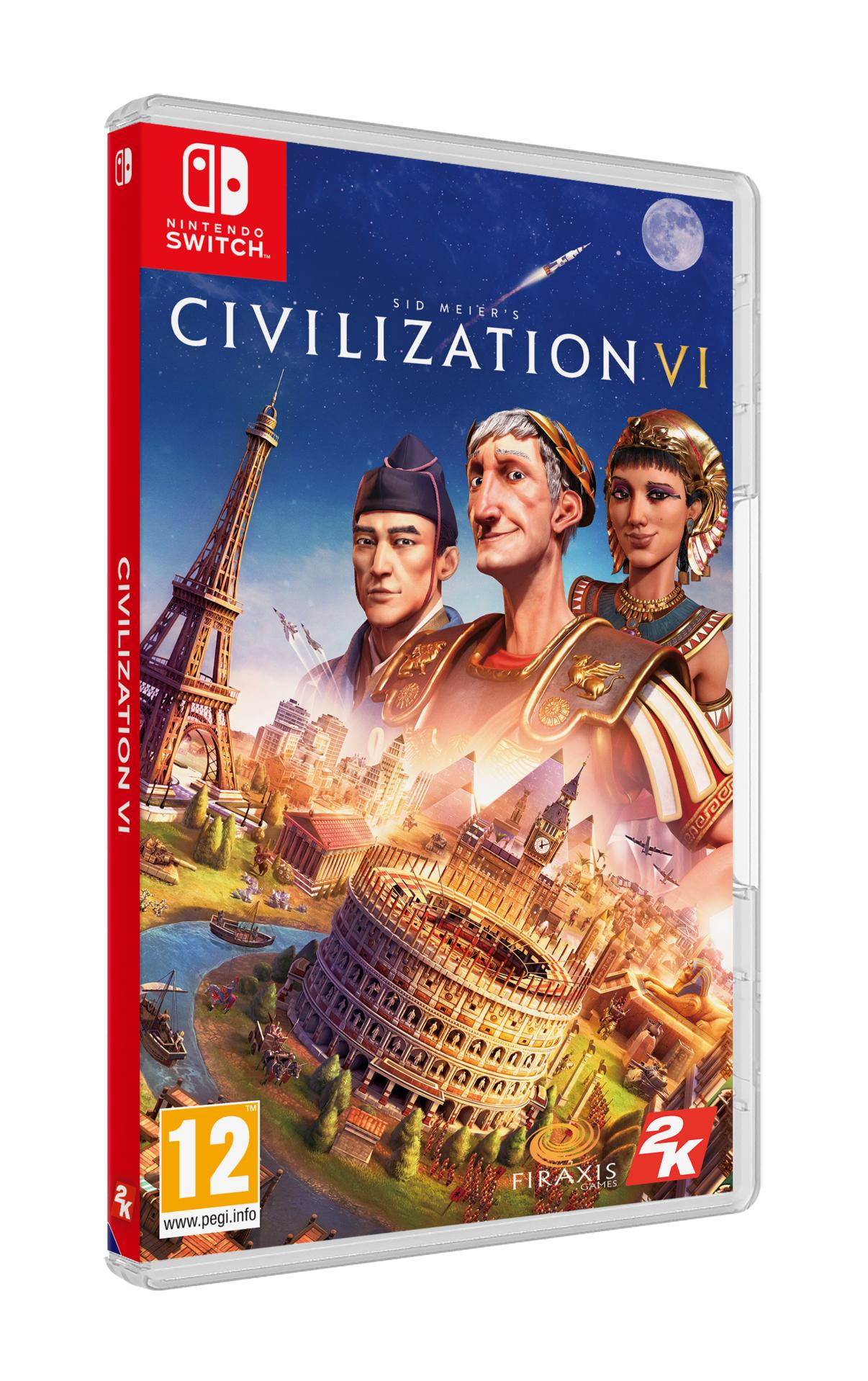Sid Meier's Civilization VI játéktok, karakterekkel, városképekkel, logókkal.