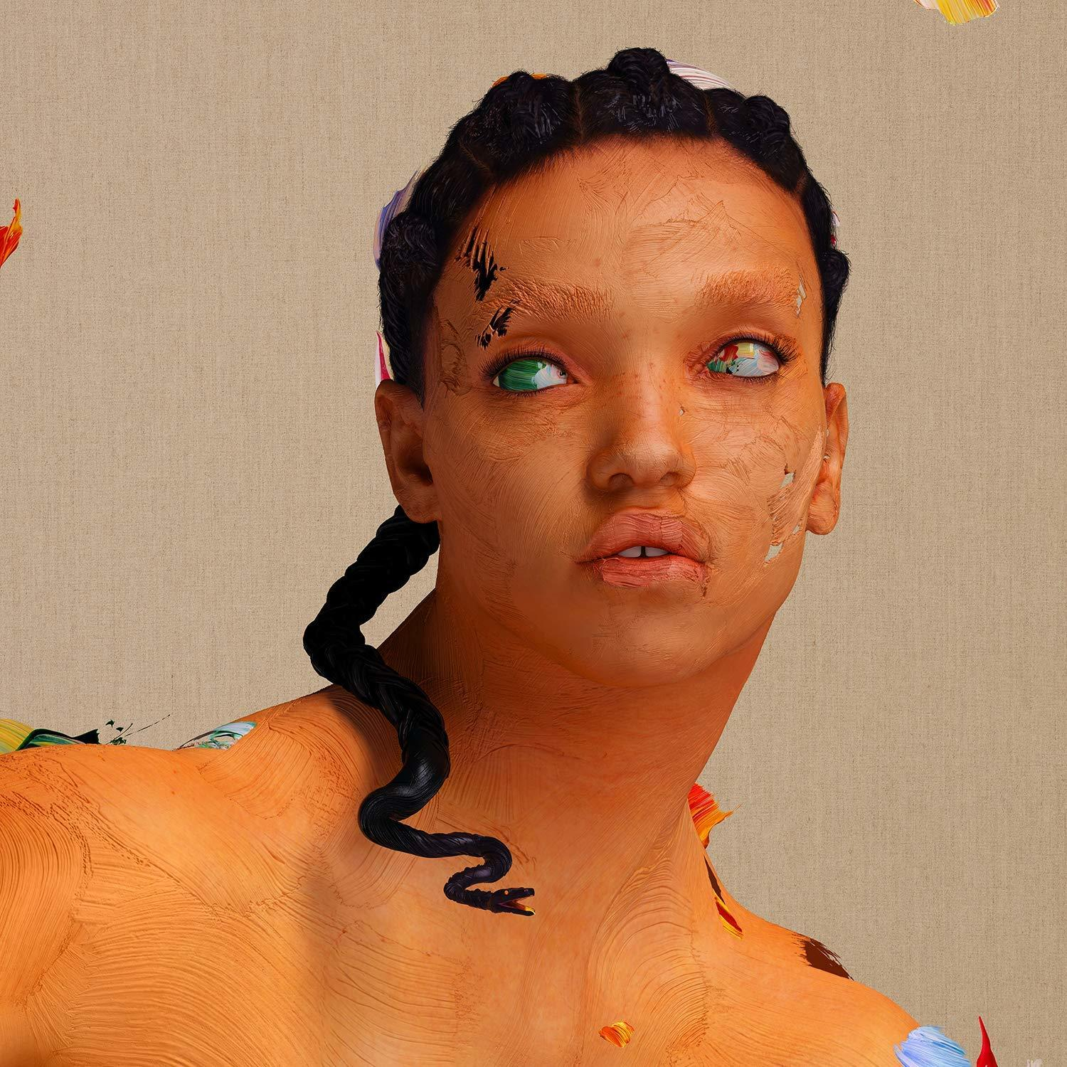 Porträt einer Frau mit Farbe im Gesicht. Bunte Farbstriche im Hintergrund.