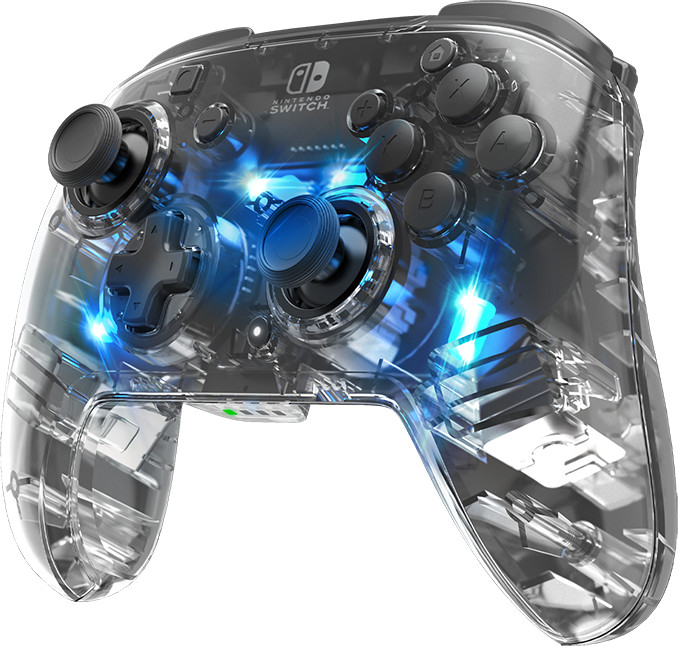 Manette Nintendo Switch transparente avec boutons et joysticks. La lumière bleue émane de l'intérieur.