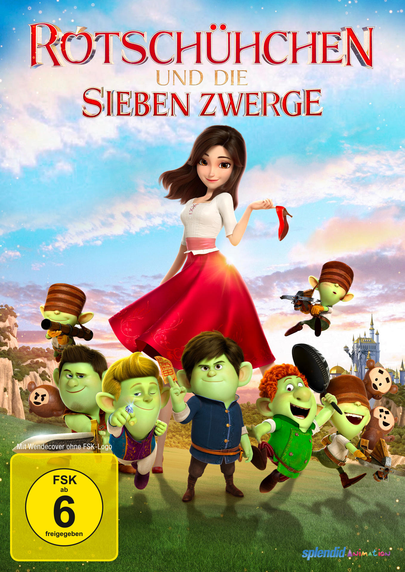 DVD-Cover: Cartoon mit Zwergen. Titel: Rotschühchen und die Sieben Zwerge. Eine Frau mit roten Schuhen.