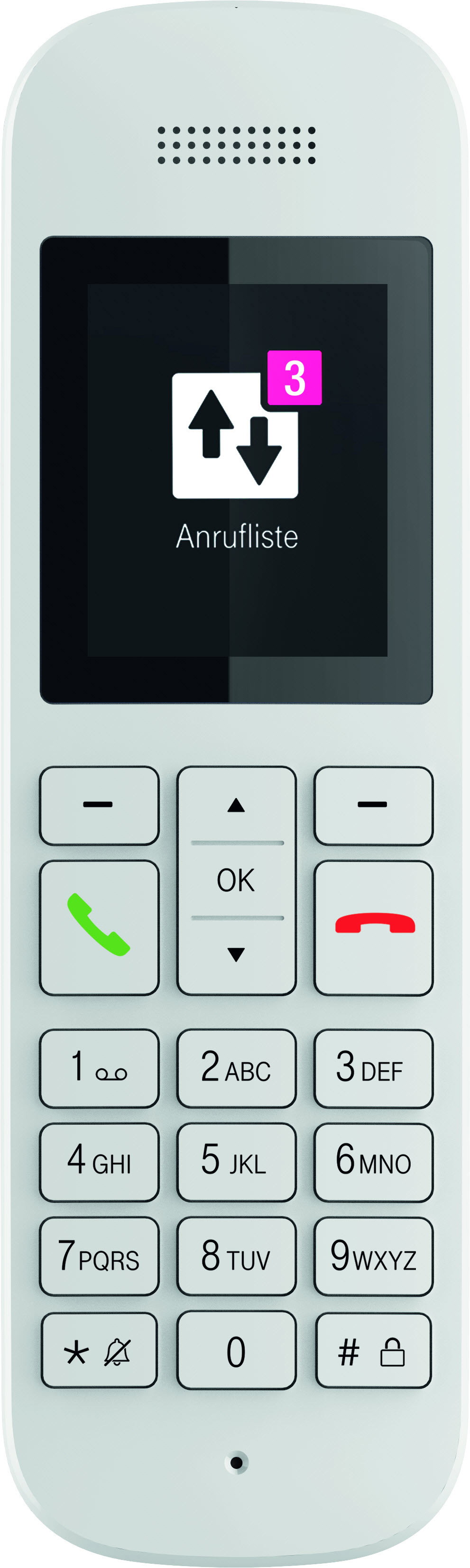 Ein weißes schnurloses Telefon mit großem Bildschirm, der eine Anrufliste und Tasten anzeigt.