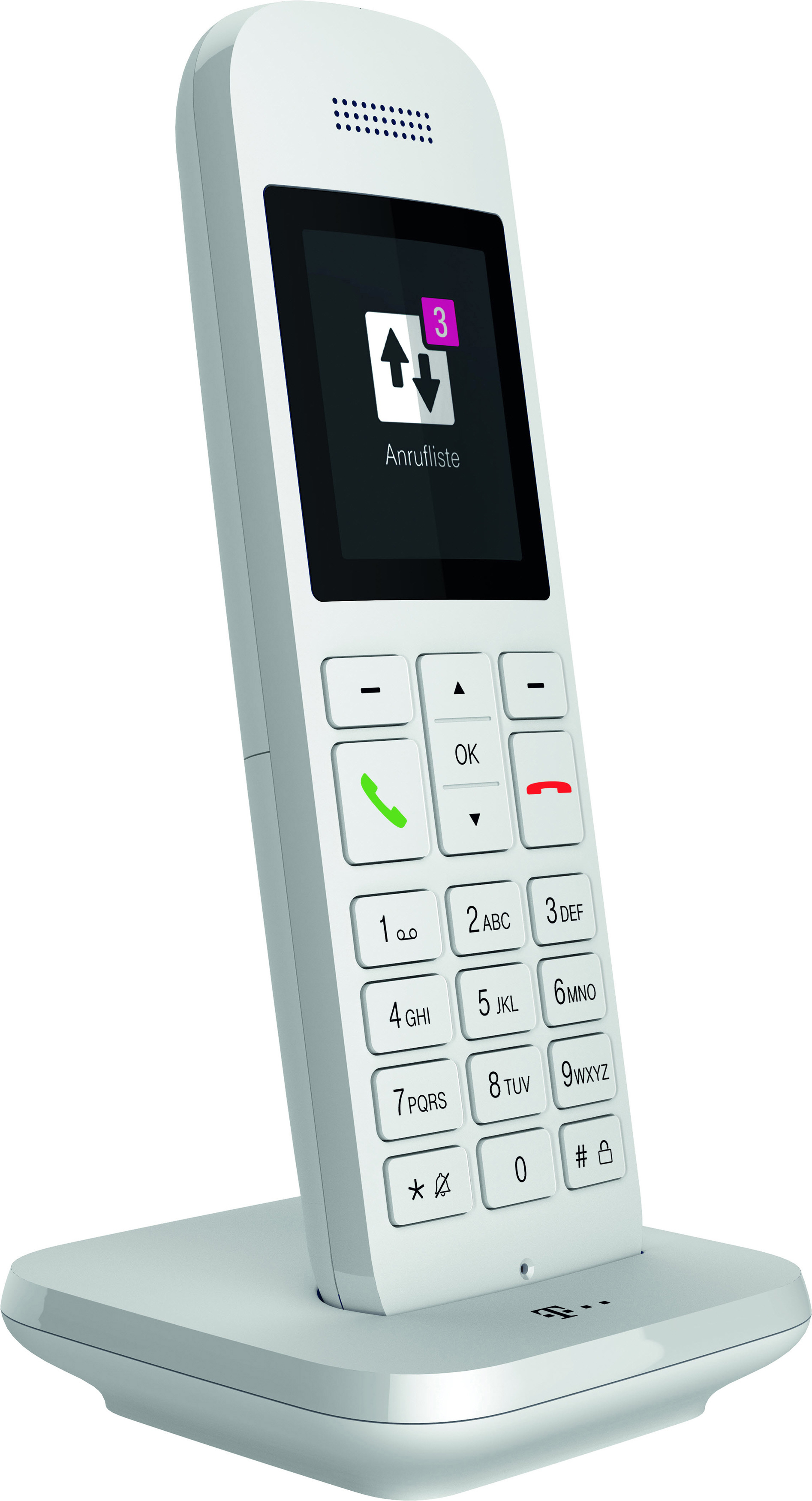 Weißes schnurloses Telefon auf einer Ladestation. Der Bildschirm zeigt eine Anrufliste.
