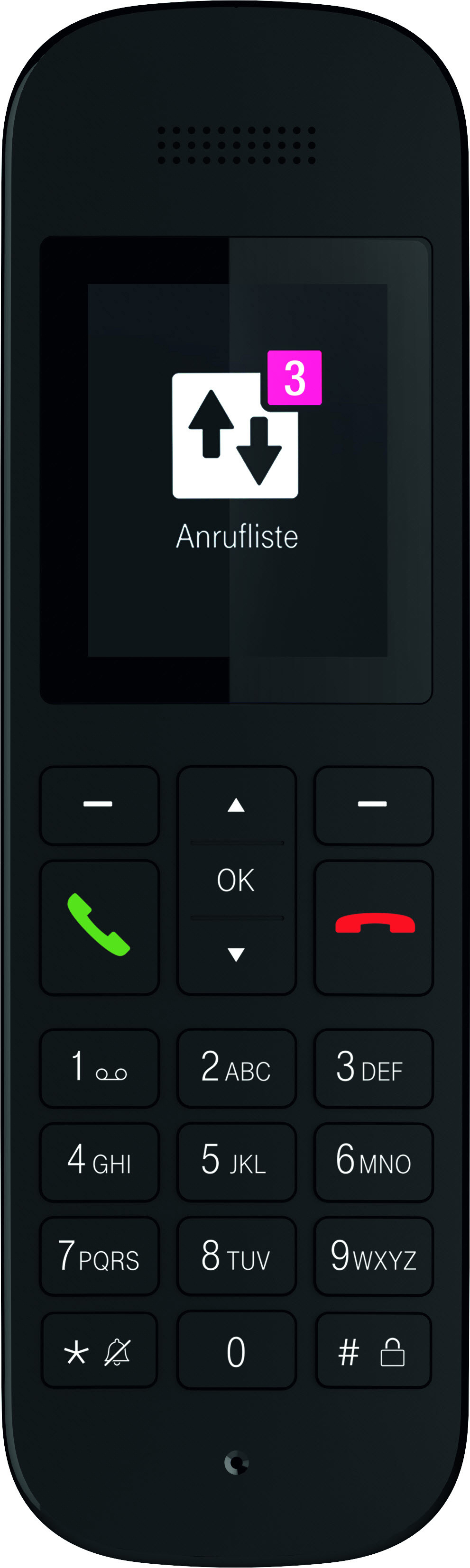 Schwarzes Mobiltelefon mit Bildschirm, der eine Anrufliste und die Zahlen 1-9 und Symbole anzeigt.