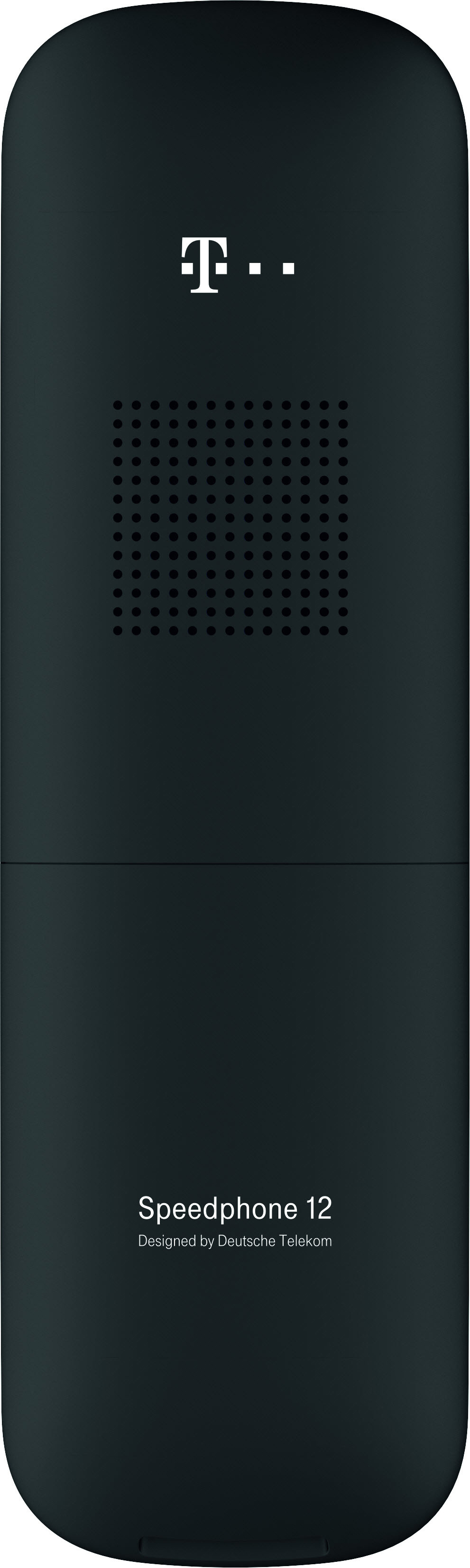 Schwarzes T-Mobile Speedphone 12. Draufsicht, mit T-Mobile-Logo und dem Namen des Telefons.