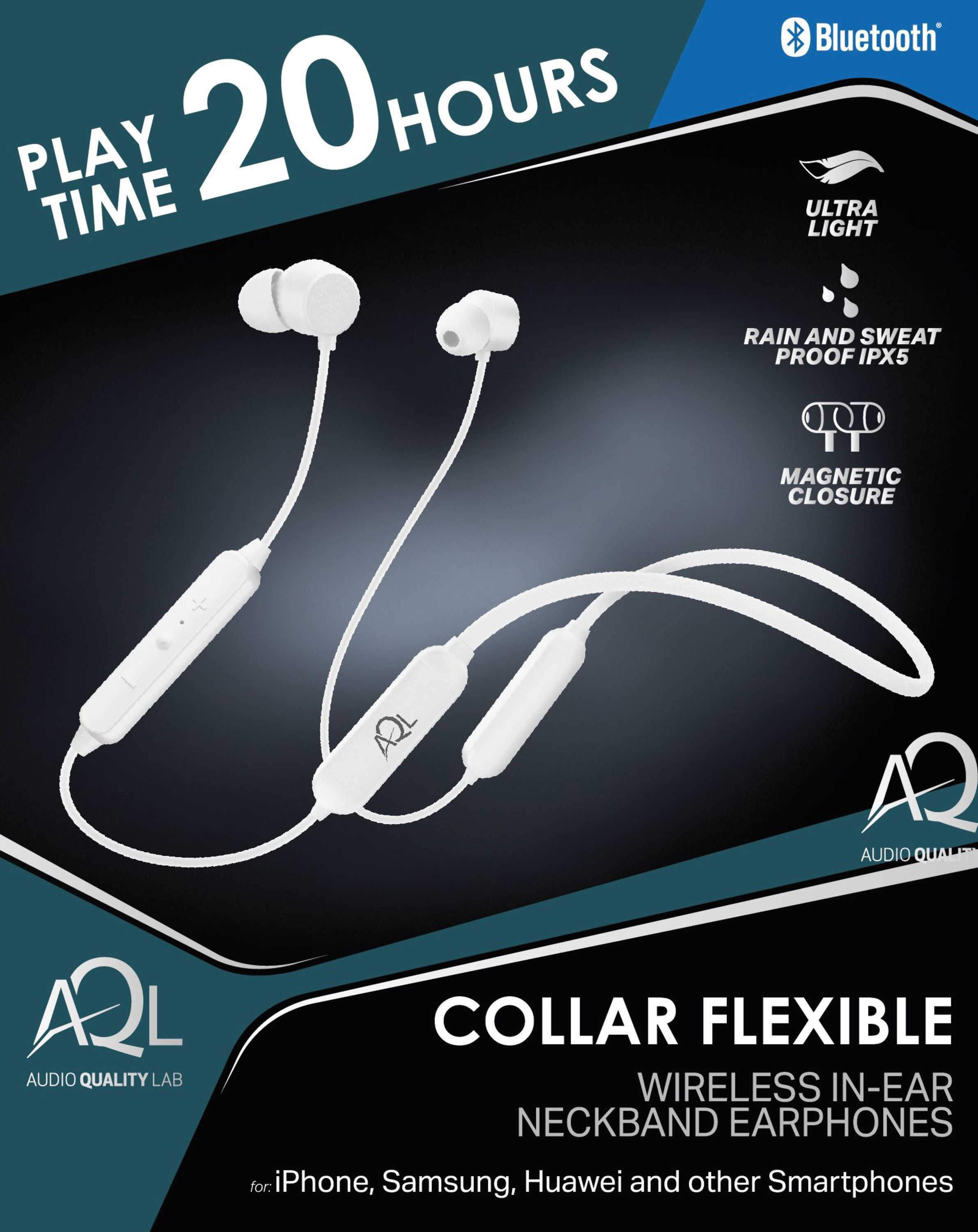 AQL AQL Bluetooth In-Ear Headset Neckband COLLAR FLEXIBLE (weiß), In-ear Headset Bluetooth Weiß
