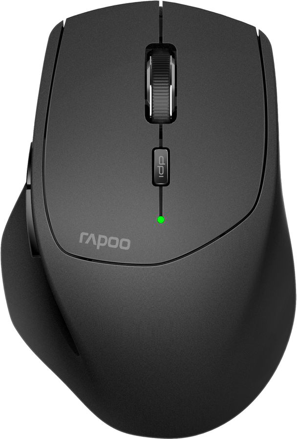 Souris sans fil Rapoo noire. Elle possède une molette de défilement et une lumière verte.