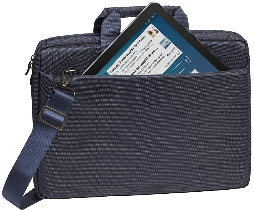 Egy kék tablet egy kék postás táska zsebében van.