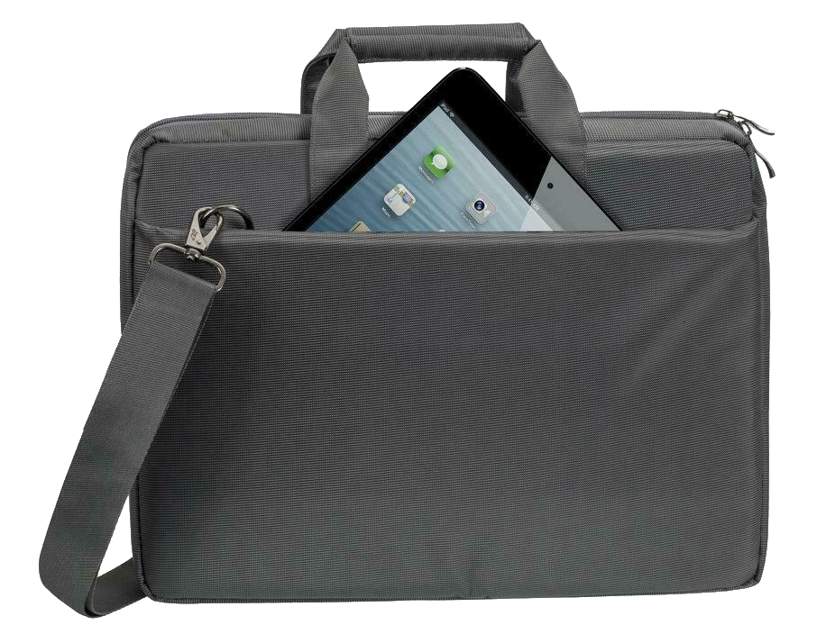 Szürke laptop táska, amelyből egy tablet részben kilóg az elülső zsebből.
