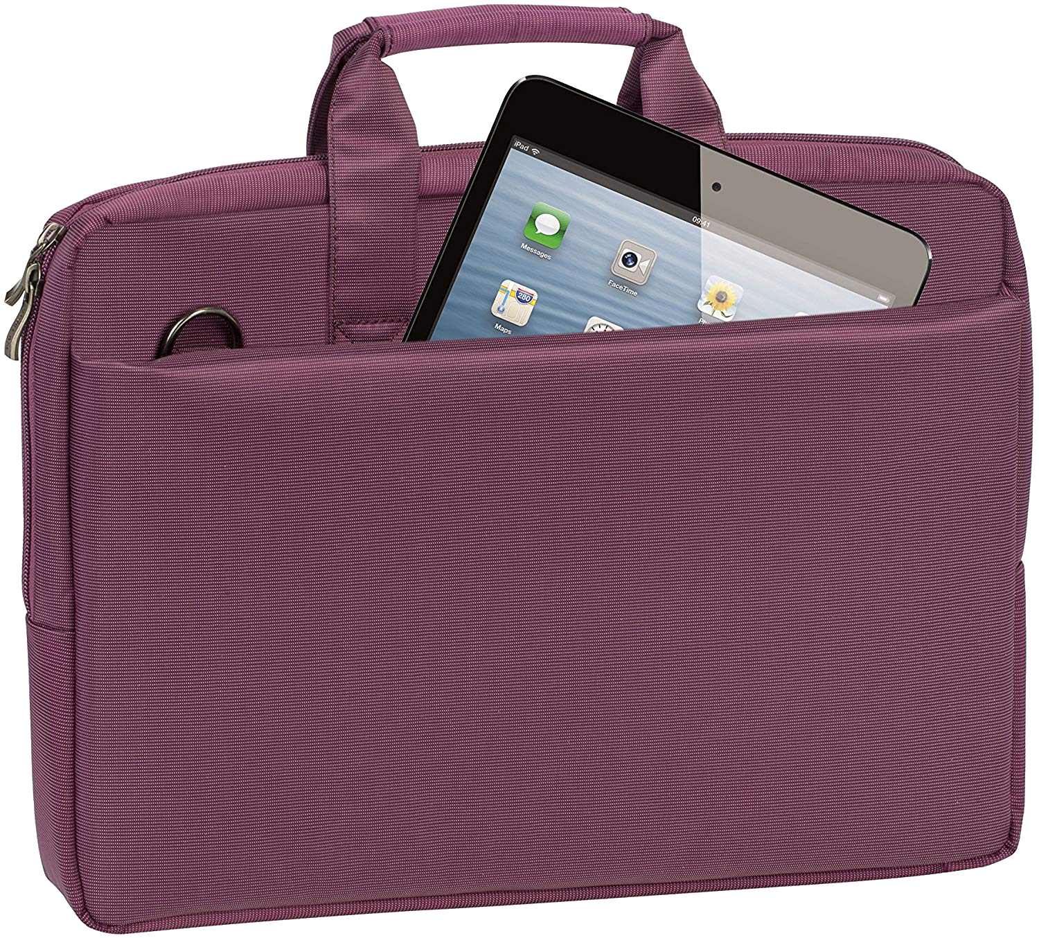 Egy lila laptop táska tablettel az elülső zsebben, felül cipzárral.