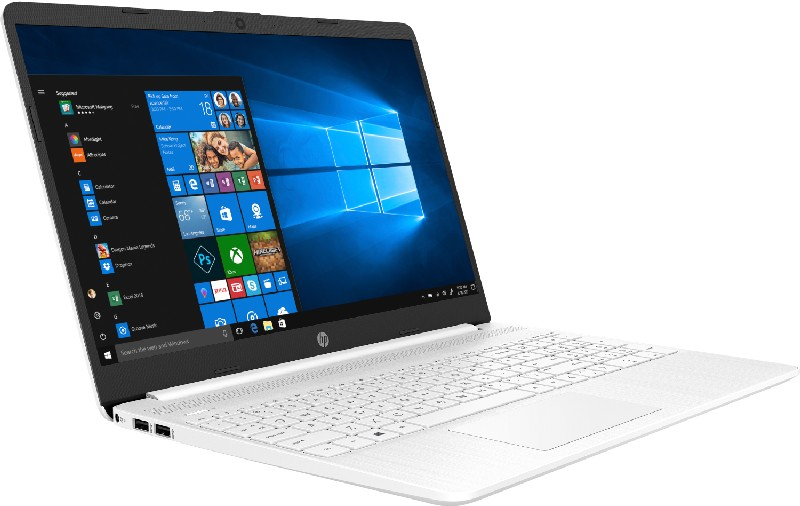 Un portátil blanco con teclado negro. La pantalla muestra la interfaz de Windows 10.