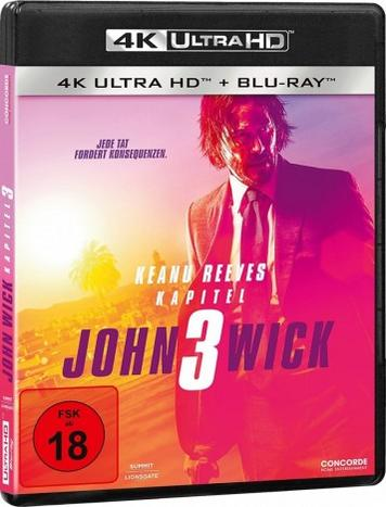 Eine DVD-Hülle für John Wick 3 mit Keanu Reeves, auf Englisch und Deutsch.