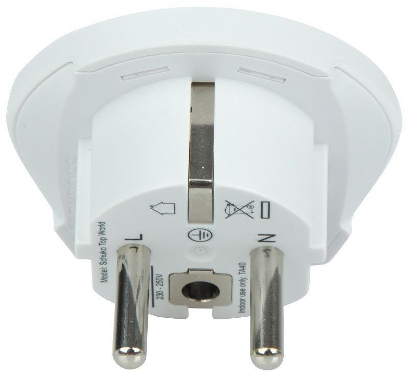 Weißer Elektro-Adapter mit zwei Stiften und einem Erdungsstift.
