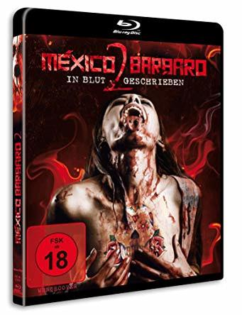 DVD-Hülle für 'Mexico Barbaro 2' mit blutbedeckter Frau. Roter Hintergrund.