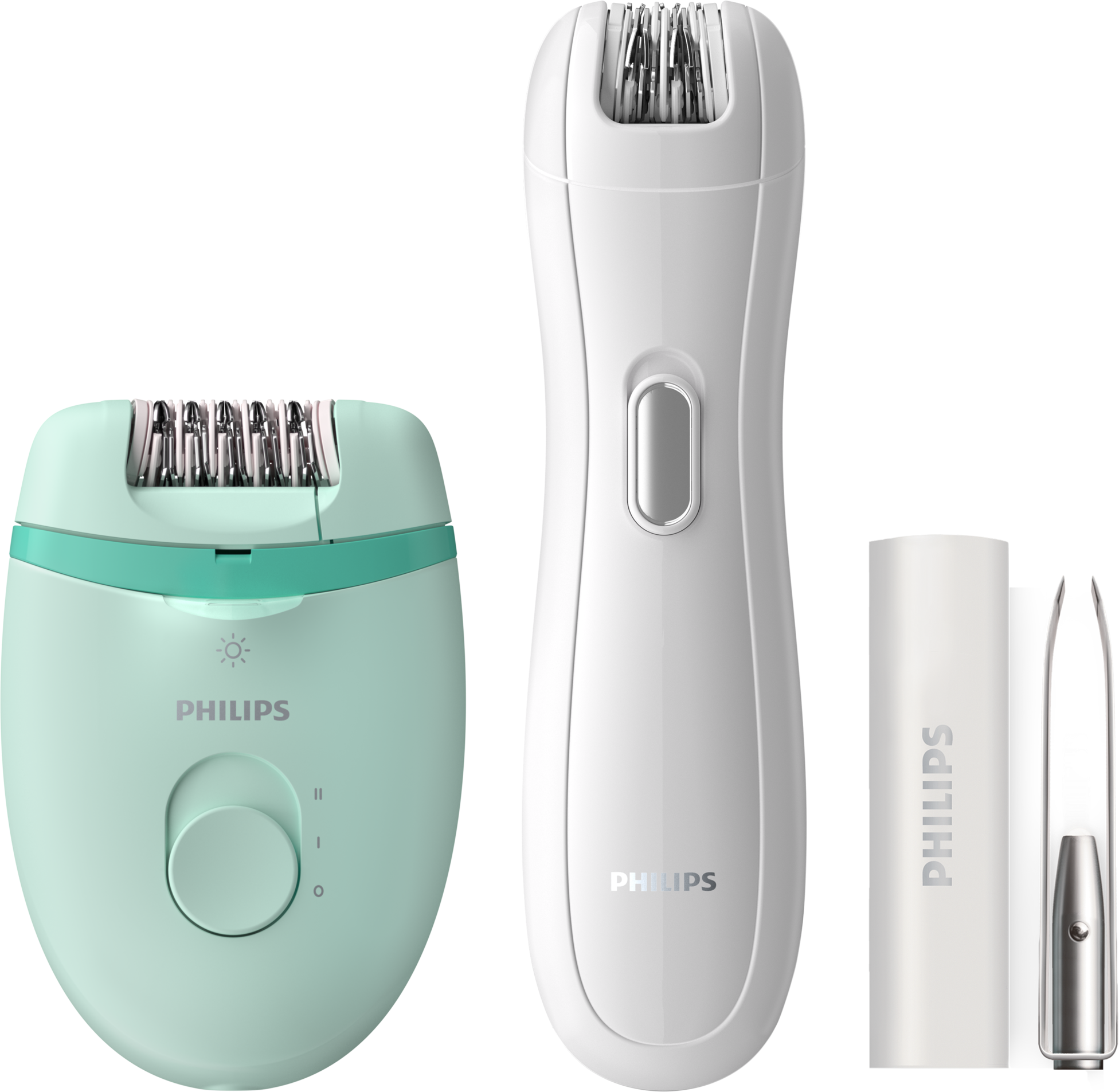 Fehér és türkiz Philips epilátor és két tartozék. Az egyik az epilálófej, a másik egy trimmelő.