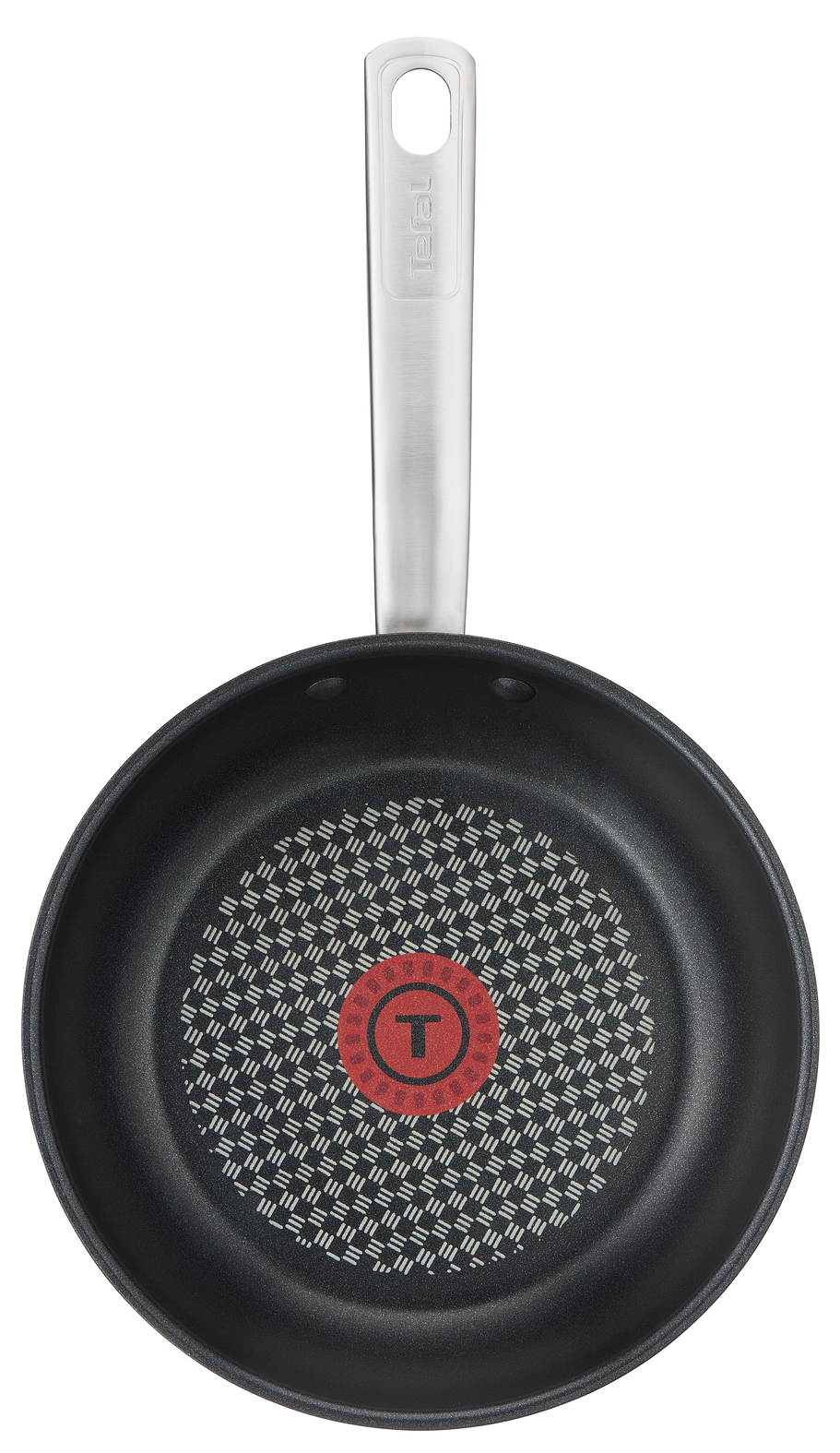 Black frying pan with a silver handle. The pan has a red and white patterned interior.