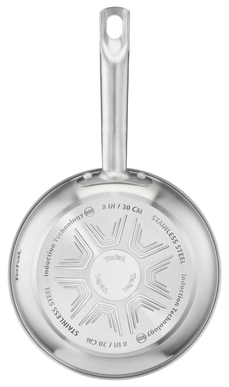 Stainless steel pan, bottom view with brand details and size information, isolated on white.