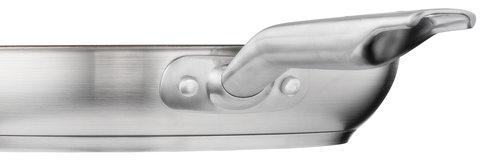 Close-up of a stainless steel pan handle attached with rivets.