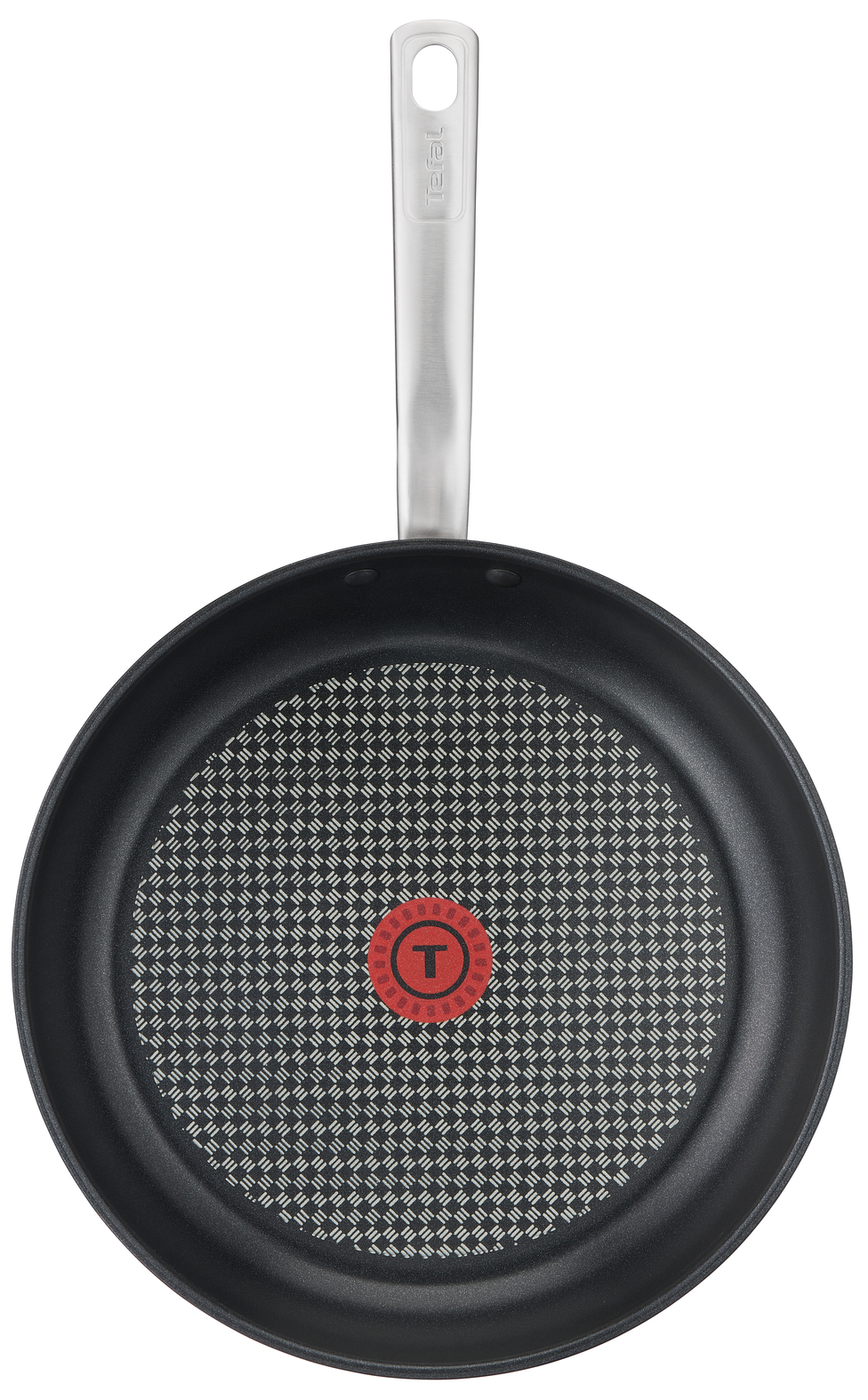 Zwarte en zilveren koekenpan met een rood T-fal logo, patroon aan de binnenkant.