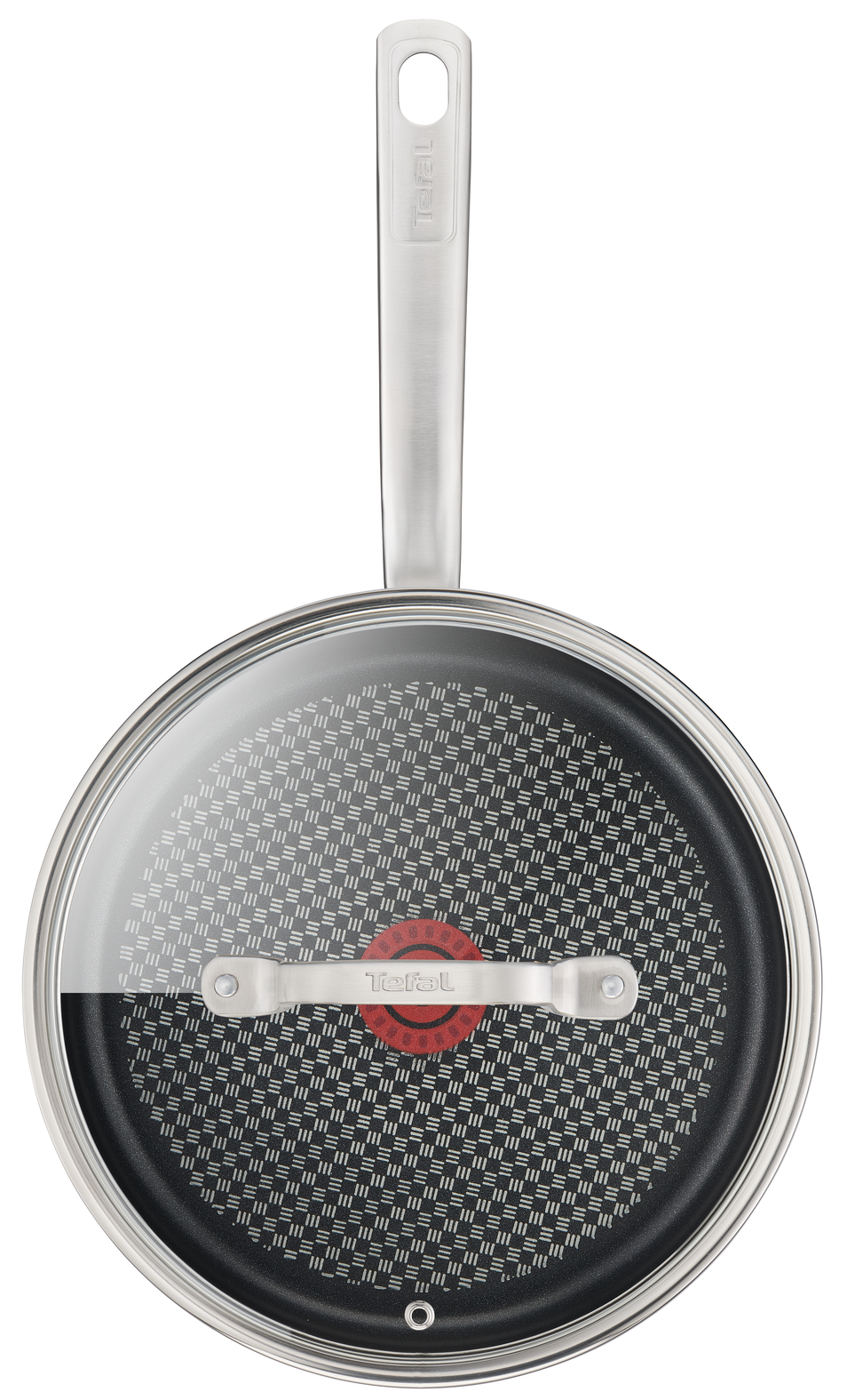 Tefal koekenpan met glazen deksel. Zilveren handvat, zwart interieur met rode cirkel.