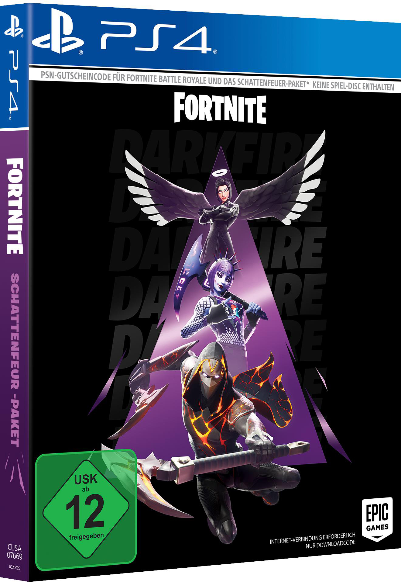 Fortnite-Spielbox für PS4. Cover hat Charaktere auf lila Hintergrund mit schwarzem Rand.