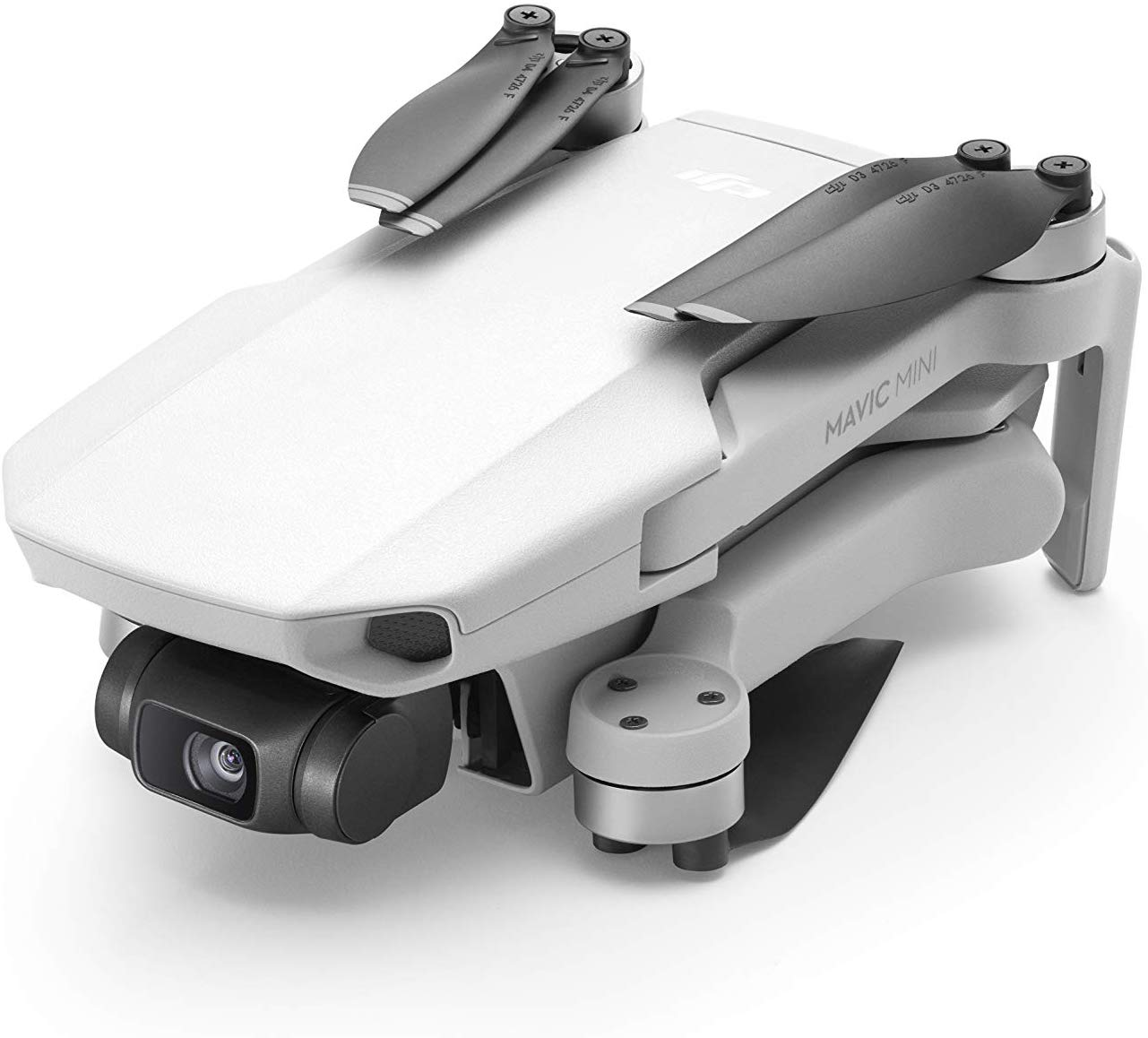 Dron Mavic Mini blanco y gris con cámara y hélices, aislado sobre fondo blanco.