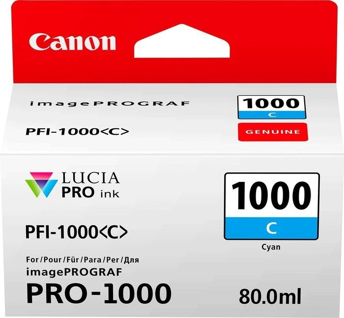 Canon Tintenpatronenbox mit Aufschrift "PFI-1000<lt/>C<gt/>" und "Cyan".