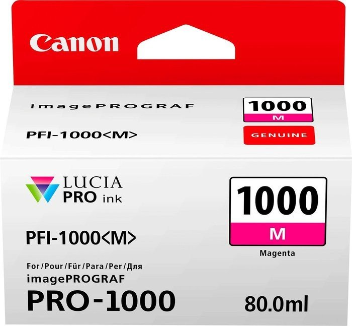 Canon Tintenpatronenbox, Magenta, mit Produktinfo und Markenlogo. Roter Hintergrund.