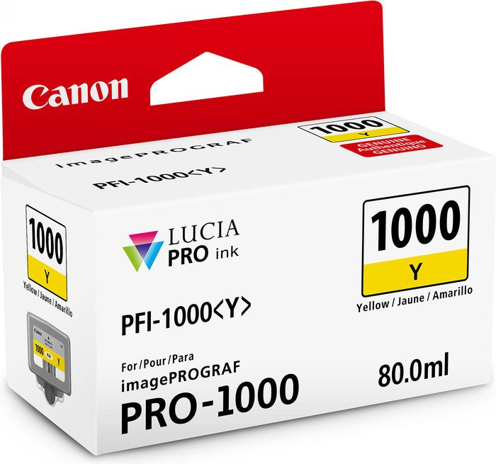 Canon Tintenpatronenbox, gelbe Tinte. Text: PFI-1000<lt/>Y<gt/>, 1000 Y. Enthält 80,0 ml Tinte. Weißer Hintergrund.