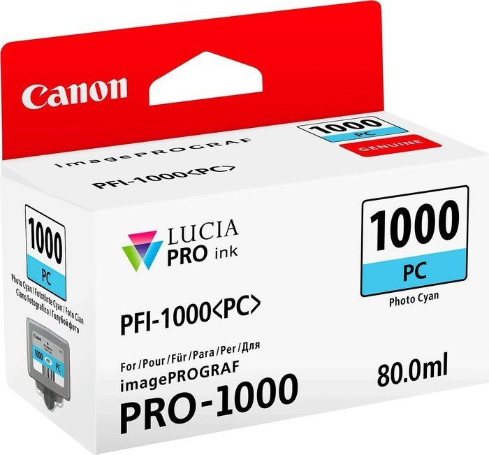 Canon Tintenpatronenbox. Die Box ist weiß mit rotem Deckel. Text: "1000 PC Photo Cyan".
