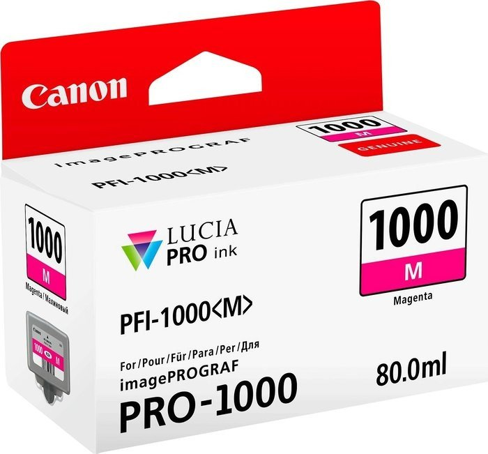 Canon Magenta Tintenpatronenbox, weiß mit Magenta- und roten Details.