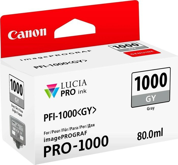 Canon Tintenpatronenbox, weiß mit grauem Aufdruck und roten Akzenten, schräg auf weißer Oberfläche.