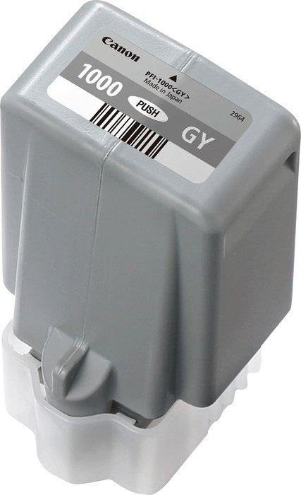 Eine graue Canon Tintenpatrone mit Text und Barcode beschriftet.