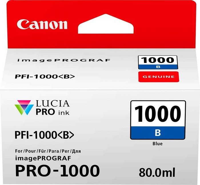 Canon imagePROGRAF Tintenpatronenbox. Roter Deckel, weißer Mittelteil, blauer Boden, Text und Logos.