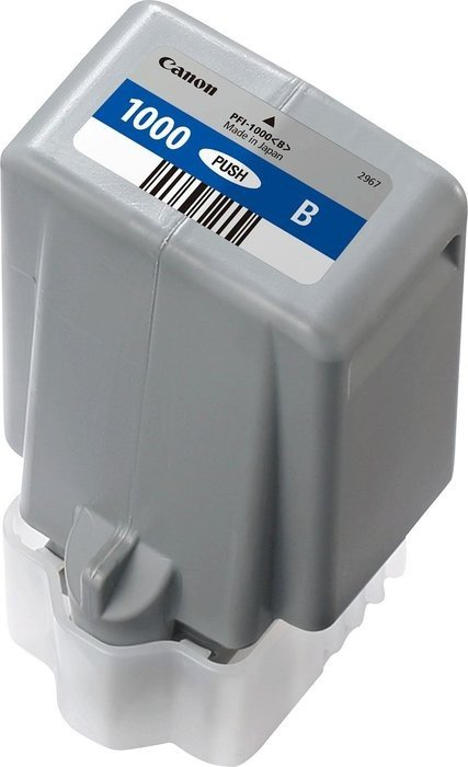 Eine graue Canon-Tintenpatrone mit weißem Sockel, beschriftet mit '1000' und 'PUSH'.