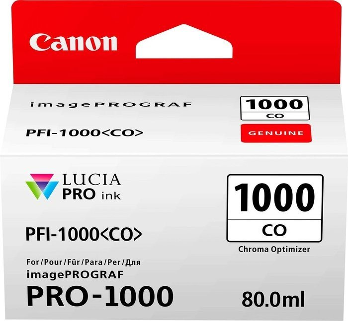 Canon Druckerpatronenbox mit Text und Logos. Rote und weiße Farben.
