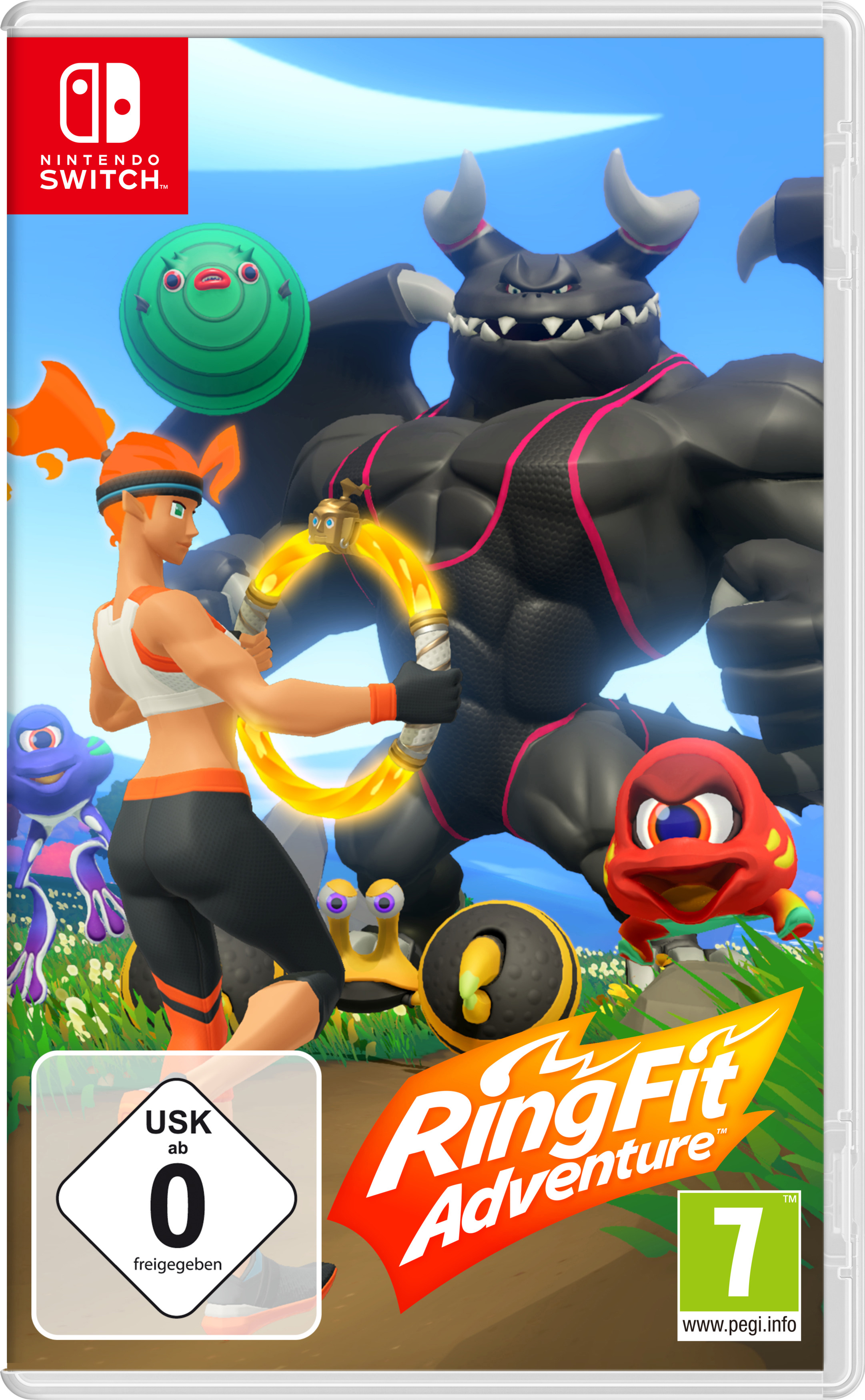 Nintendo Switch Spielhülle: Ring Fit Adventure. Cartoon-Charaktere auf dem Cover.