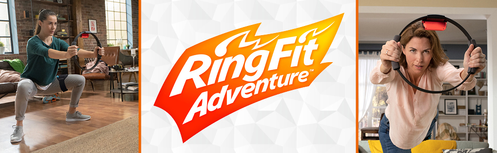 Personen, die mit Ring Fit Adventure Spielgeräten trainieren, mit dem Logo des Spiels in der Mitte.