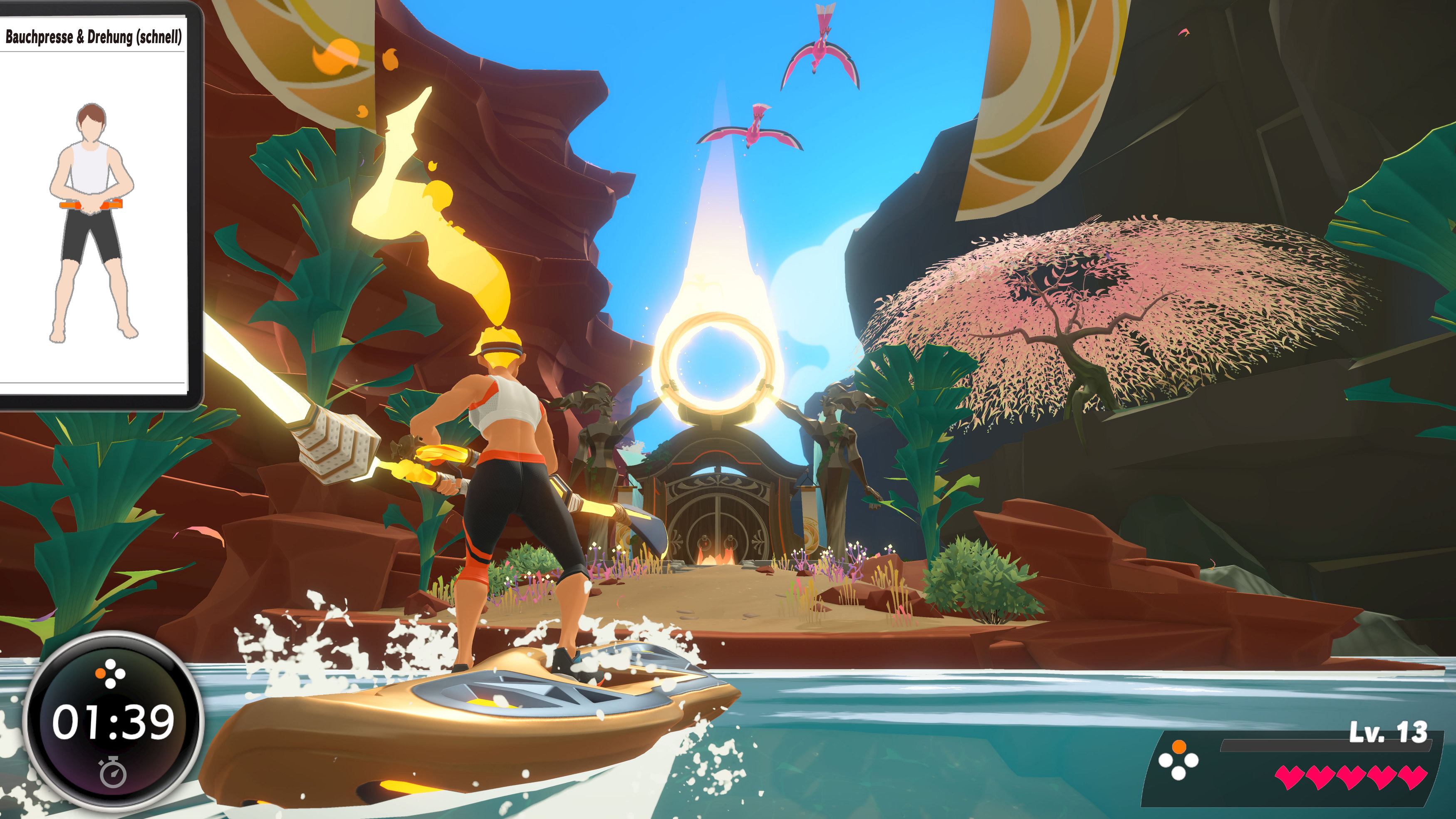 Eine Person auf einem Boot in einem Videospiel. Das Spiel zeigt eine Welt mit Himmel und verschiedenen Charakteren.