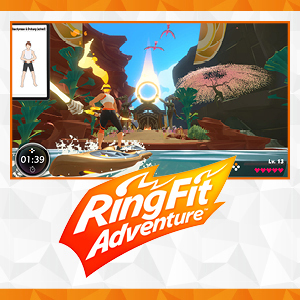 Spielcover mit einer Person auf einem Boot in einer Spielwelt. Das Ring Fit Adventure-Logo befindet sich unten.