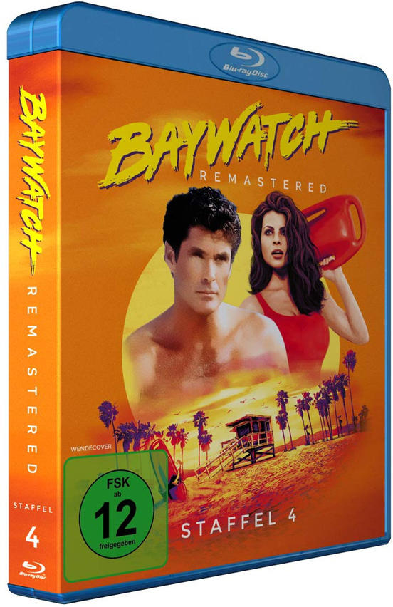 Baywatch Remastered Blu-ray Cover. Mit einer Strandszene mit Schauspielern.