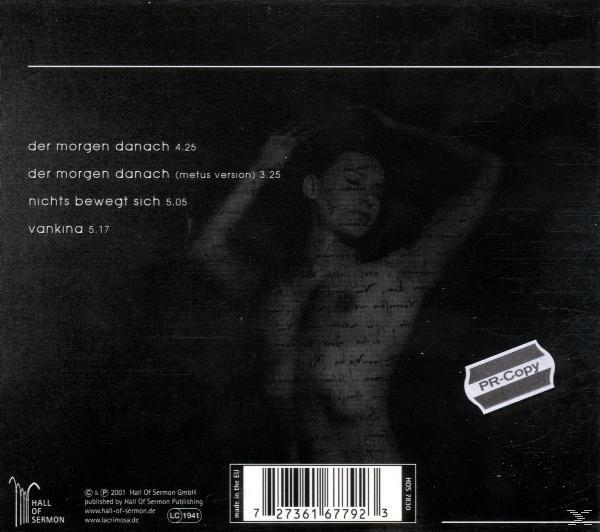 Rückseite einer CD mit Text und einem Bild einer Frau. Der Text enthält Songtitel.