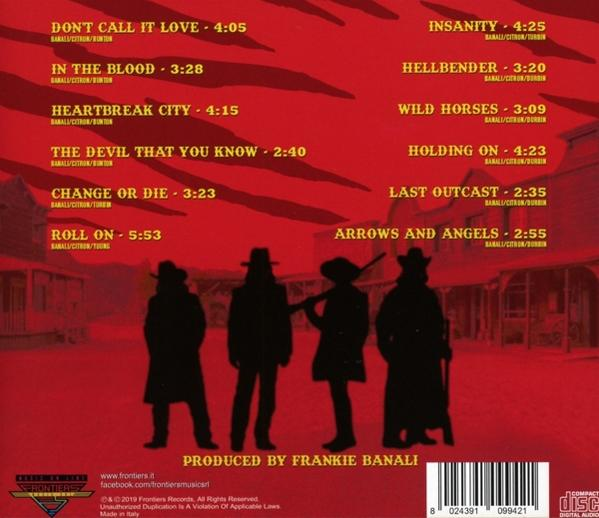 Dos d'un boîtier de CD avec liste des pistes et silhouettes du groupe.