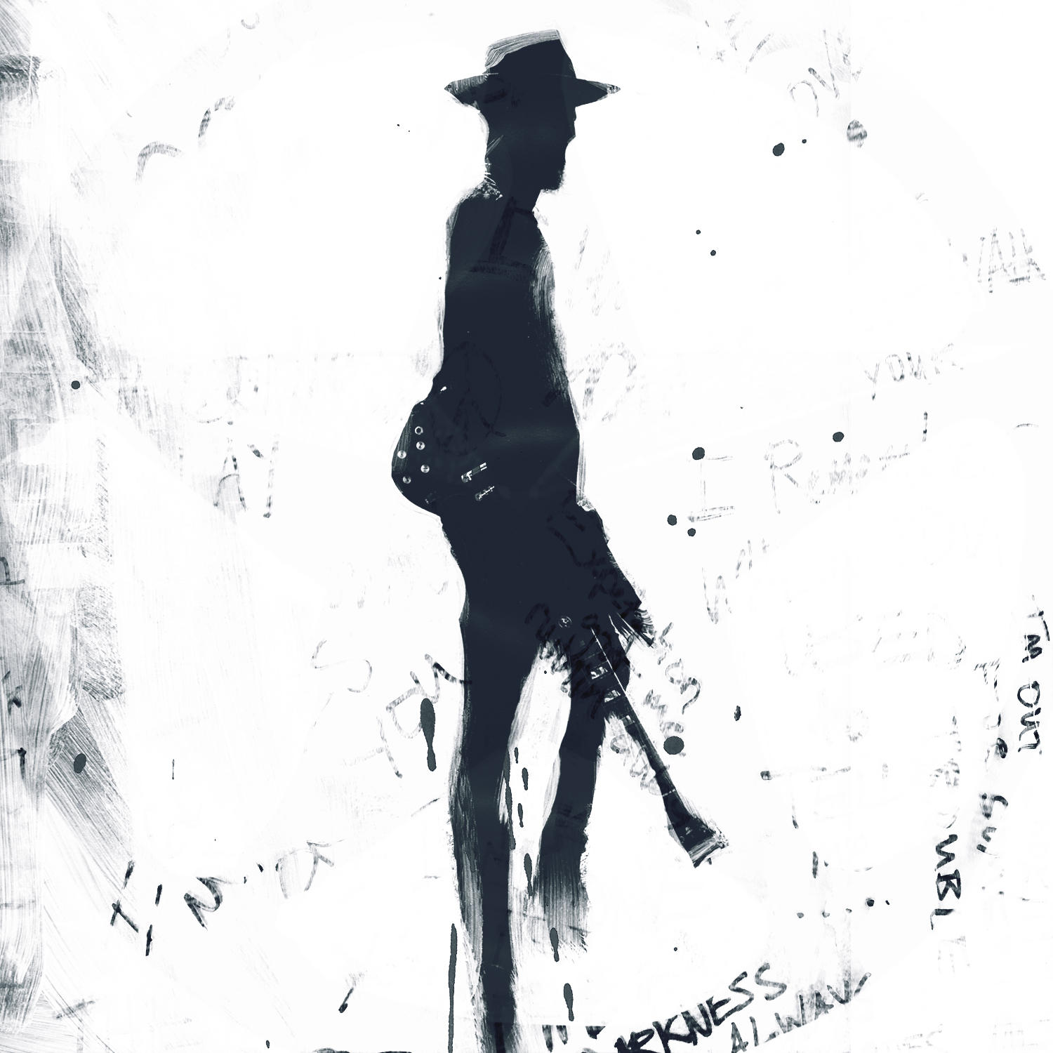 Silhouette eines Mannes mit Hut und Instrument, der auf weißer Oberfläche mit Graffiti geht.