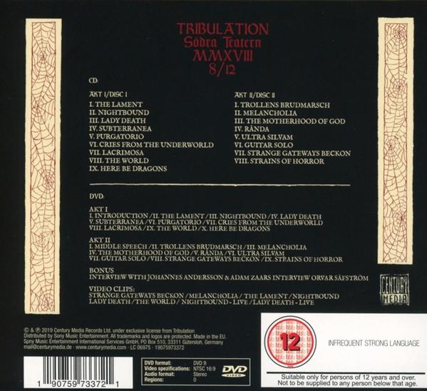 CD-Cover-Rückseite mit der Titelliste des Albums von Tribulation, mit einer Altersfreigabe ab 12 Jahren.