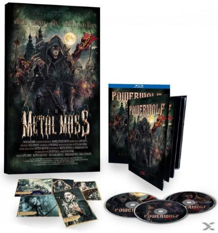 A Metal Mass Blu-ray box set, lemezekkel, művészi kártyákkal és egy füzettel, fehér háttéren.