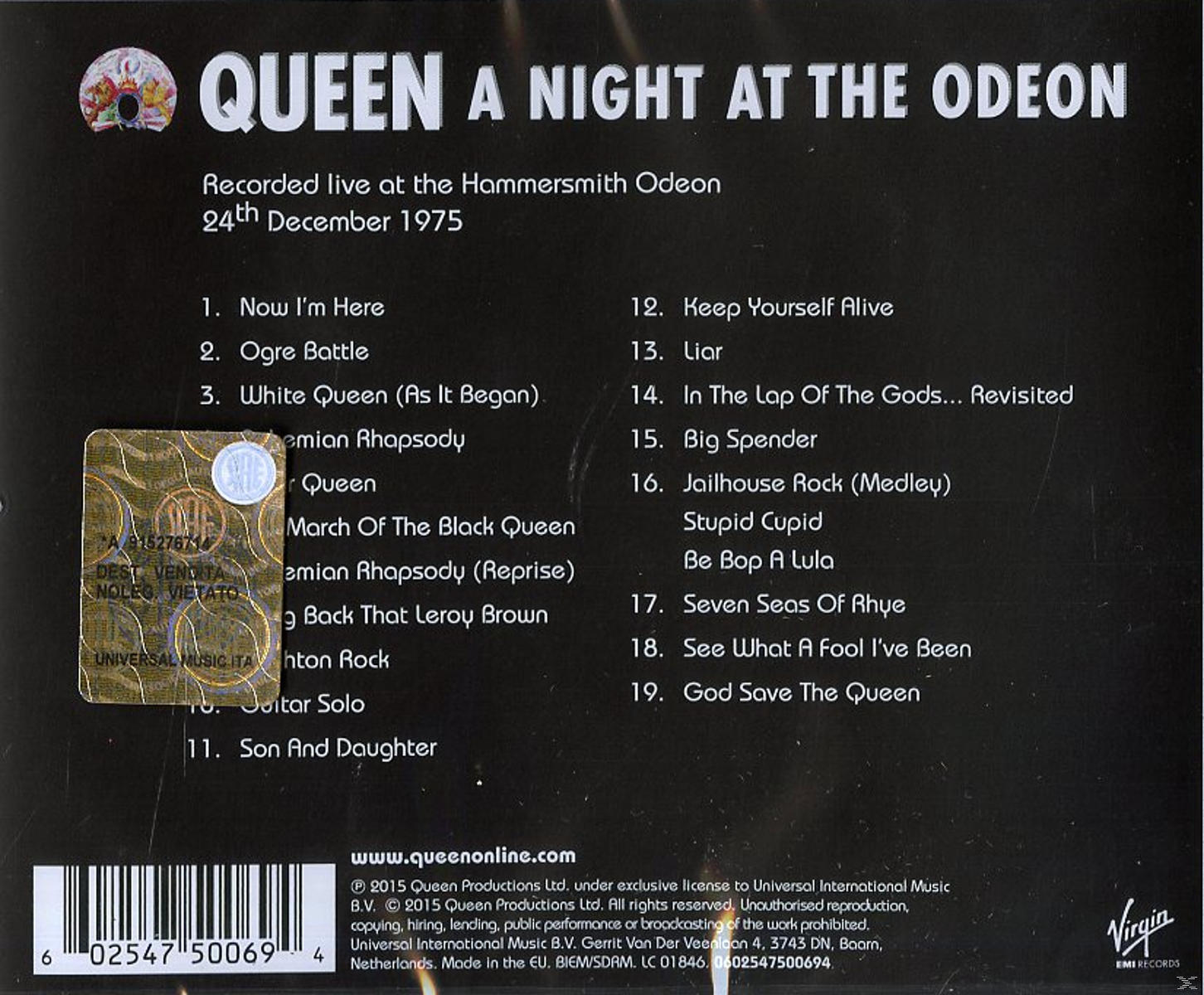 Pochette de l'album de Queen. Live à l'Odeon, avec une liste des titres et un autocollant doré avec du texte.