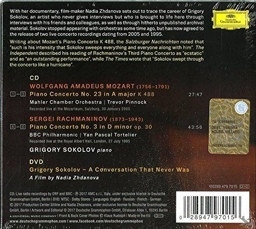 CD hátlapja. Szöveg Mozart K 488-as zongoraversenyéről. Sárga Deutsche Grammophon logó.