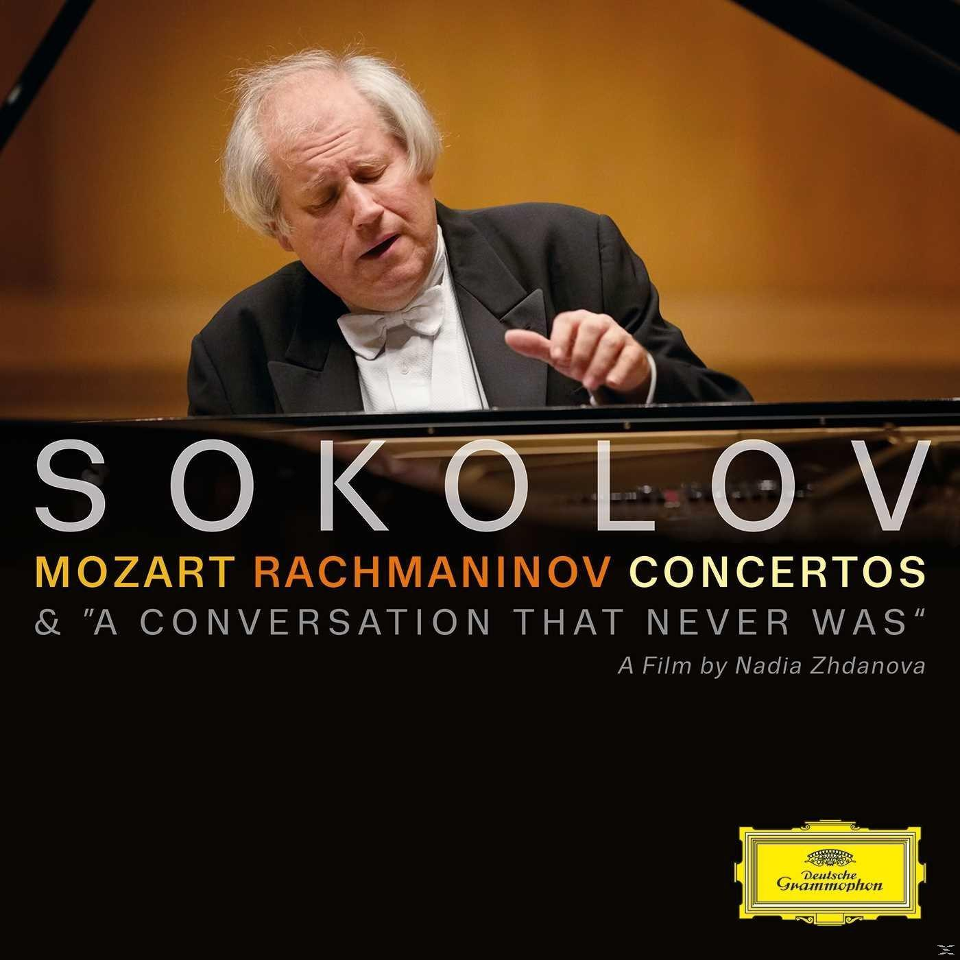 Album borító. Szokolov a zongoránál. Szöveg: Mozart Rachmaninov Concertos. Sárga és fekete háttér.