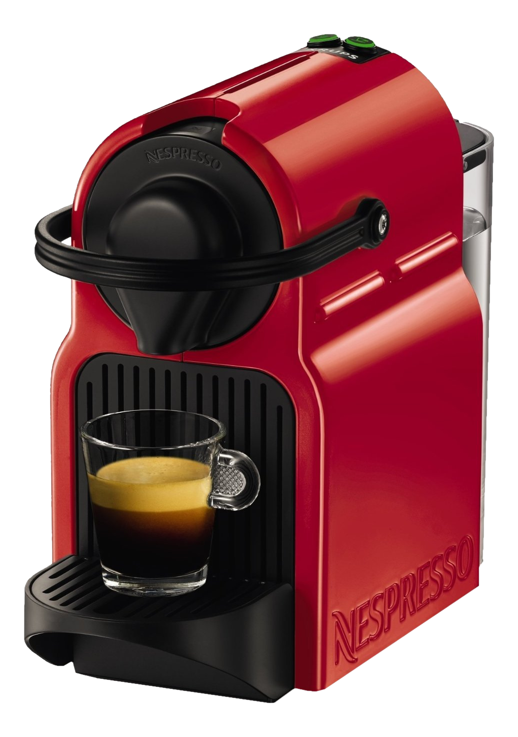 Rote Nespresso-Kaffeemaschine mit einer Tasse Espresso und dem Nespresso-Logo.